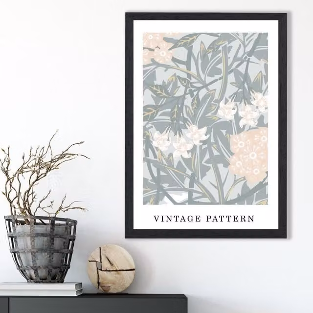 ARTZE William Morris Jasmine Floral Art Print in Green and Peach with Black Frame – 1
