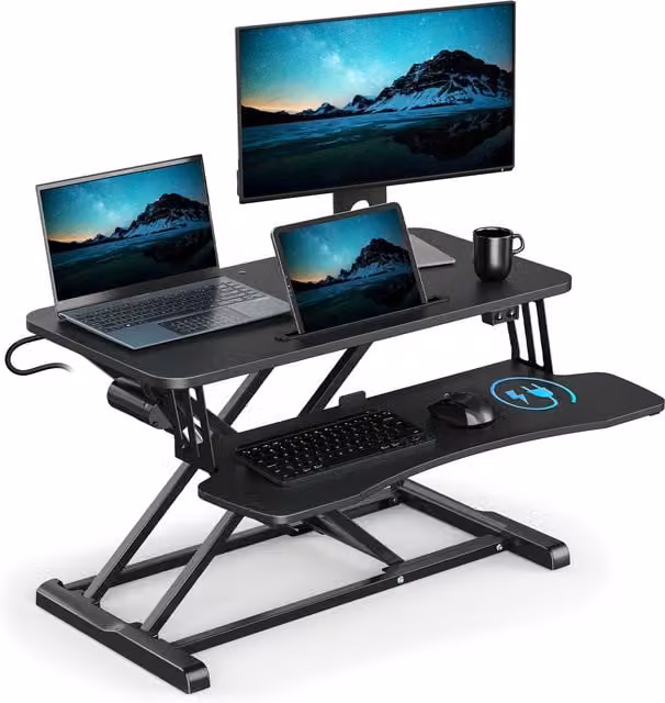 VonHaus Height Adjustable Two Tier Electric Desk Converter with Keyboard Shelf in Black – 1