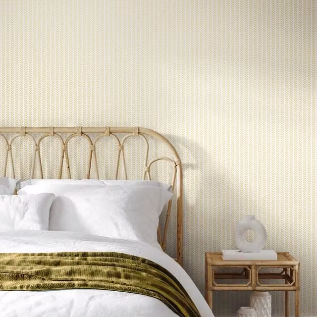 Hoopla Walls Botanical Floral Ditsy Leaf Stripe Wallpaper in Yellow and Beige