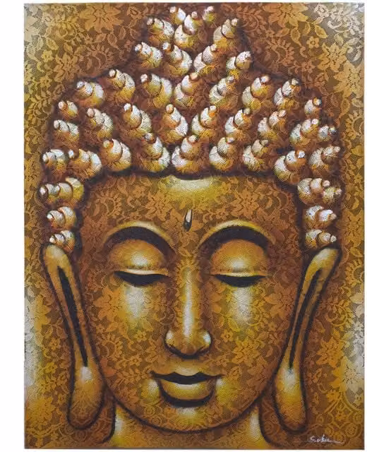 KDMD Buddha Painting with Gold Brocade Detail in Yellow