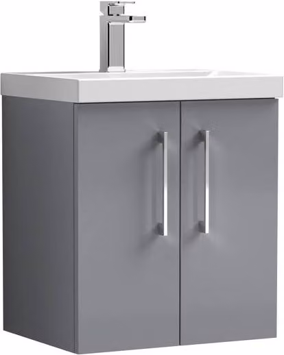 Balterley Modern Wall Hung Bathroom Vanity Unit with 2 Soft Close Doors and Rectangular Mid-Edge Basin, Satin Grey, W: 50 cm, H: 57.9 cm, D: 50 cm – 1