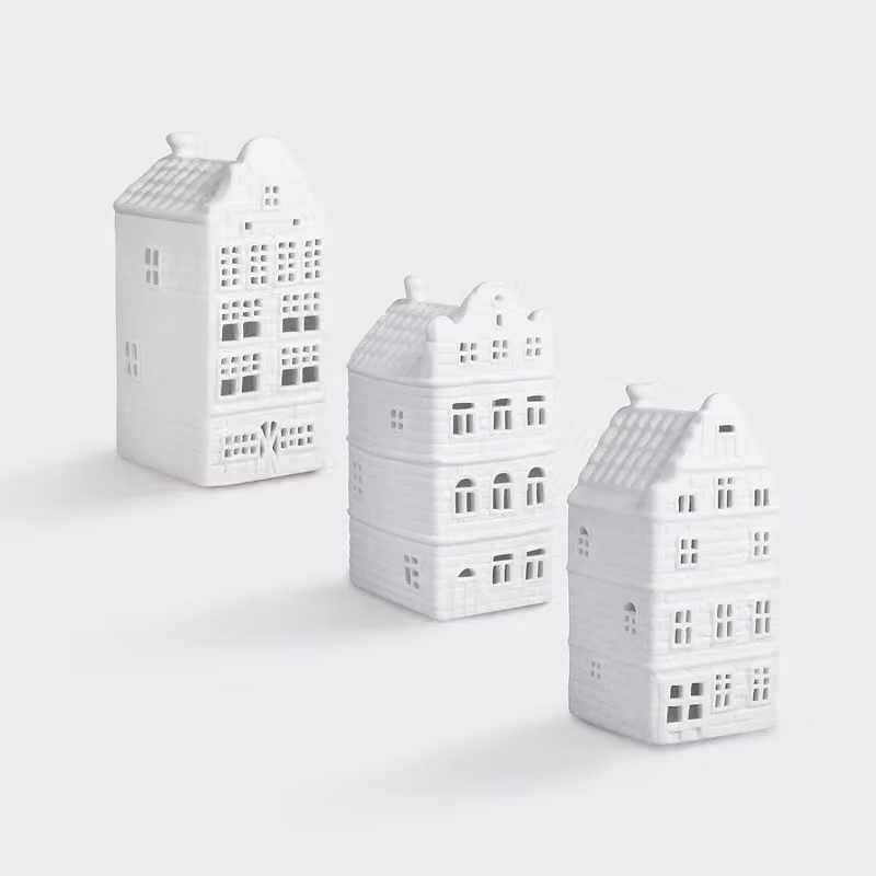&Klevering Canal House #3 Tealight Holder Set of 3 in Multicolour and White Porcelain