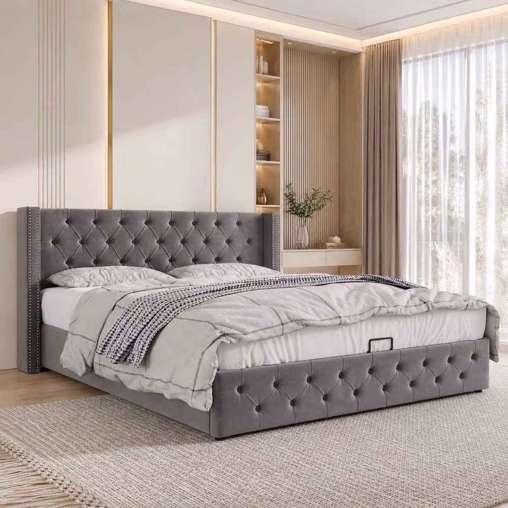 Merax Grey Velvet Upholstered King Size Ottoman Storage Bed Frame with Lift Up Base W: 150 cm, D: 200 cm – 2