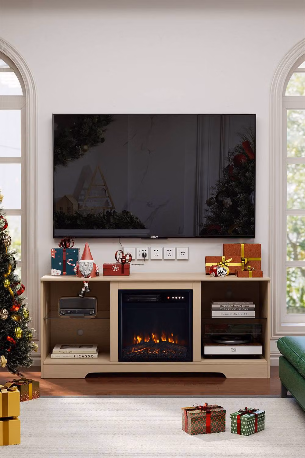 Living and Home Modern TV Stand with Adjustable Flame Electric Fireplace in Brown and Beige – 3