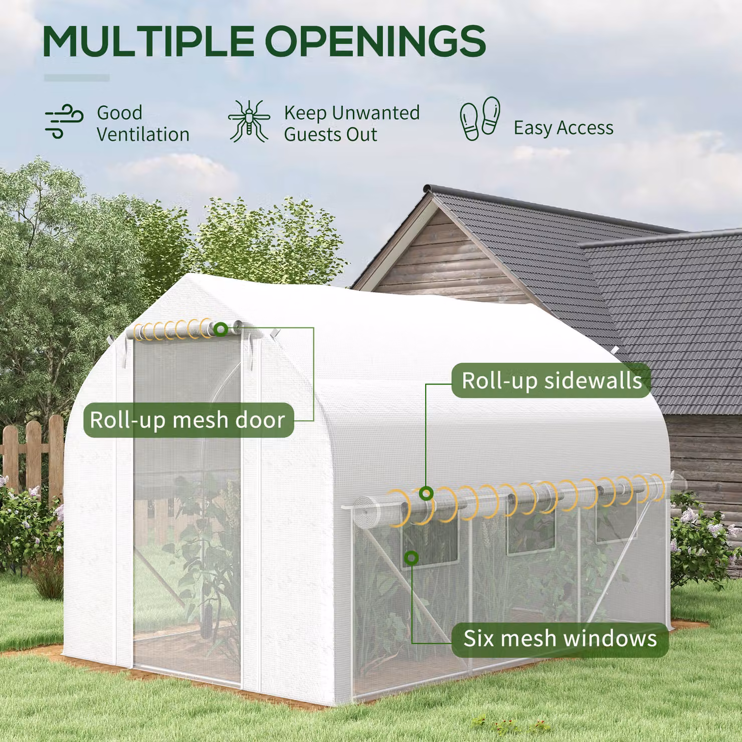 Outsunny White Walk-in Polytunnel Greenhouse with PE Cover, Mesh Door and Windows, W/D/H: 3 x 2 x 2 m – 3