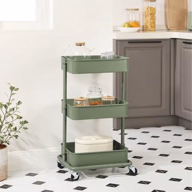 SONGMICS Modern Adjustable Rolling Storage Cart in Green or Beige