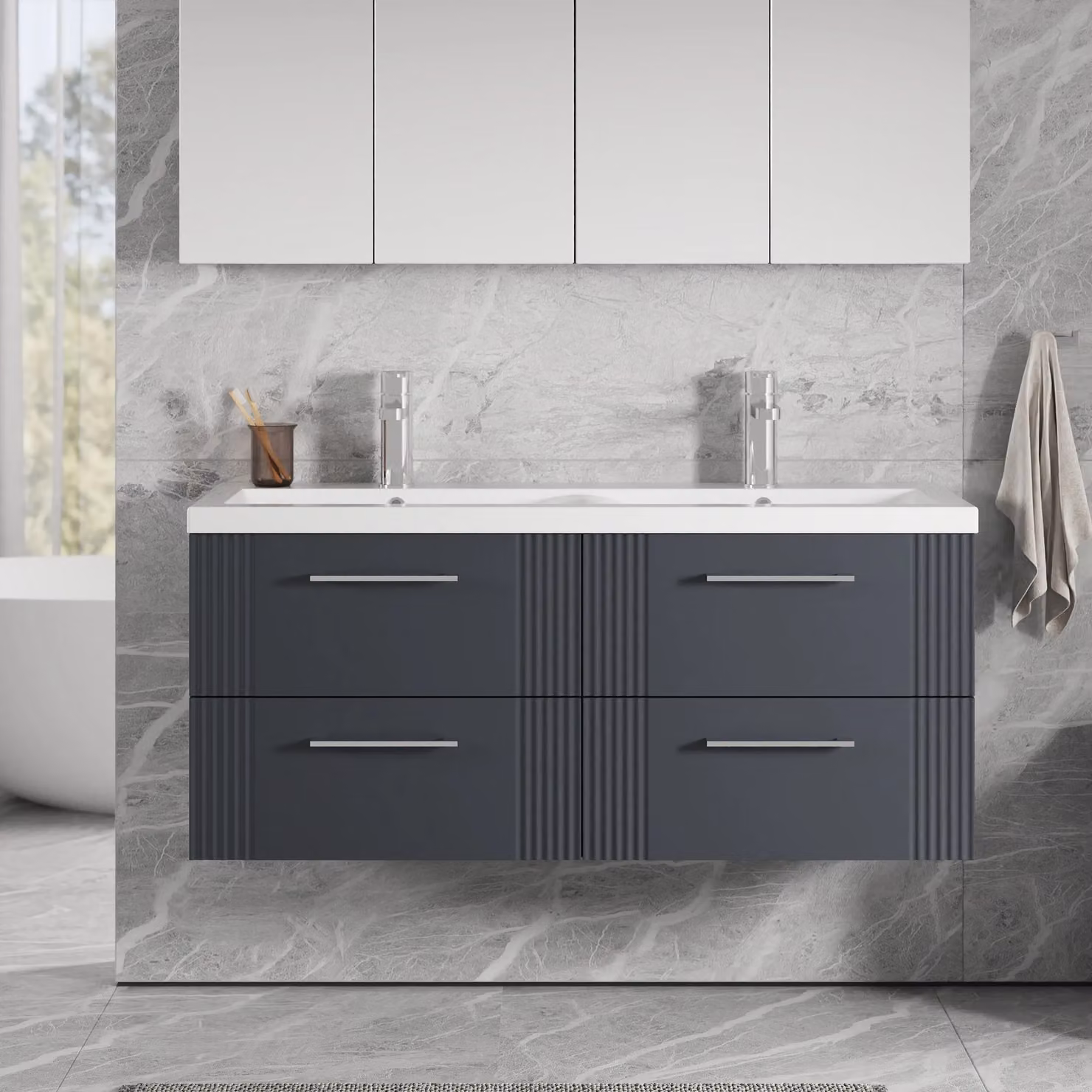 Balterley Wall Hung 4 Drawer Vanity Unit with 2 Ceramic Basins, Satin Dark Grey, W: 120 cm – 2