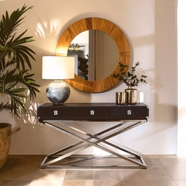 Orsina 3 Drawer Console Table in Black Leather Finish with Silver Stainless Steel Accents