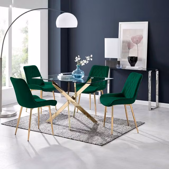 FurnitureboxUK Leonardo Rectangular Glass Dining Table and Four Pesaro Gold Leg Chairs in Green
