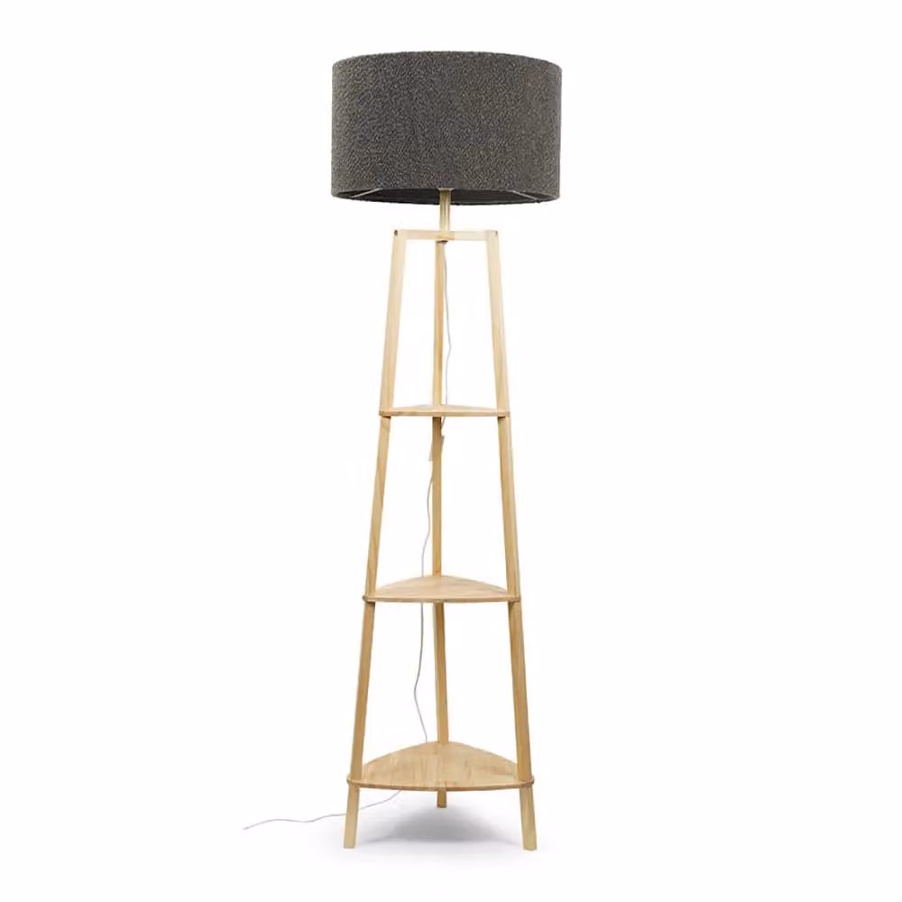 ValueLights Hiru 3 Tier Wooden Floor Lamp with Grey Boucle Drum Shade – 2