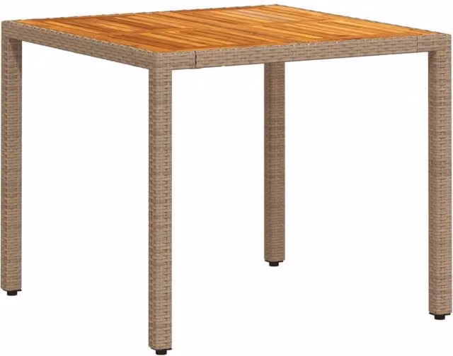 Berkfield Home Beige Poly Rattan and Acacia Wood Square Garden Table W/D/H: 90 x 90 x 75 cm – 1