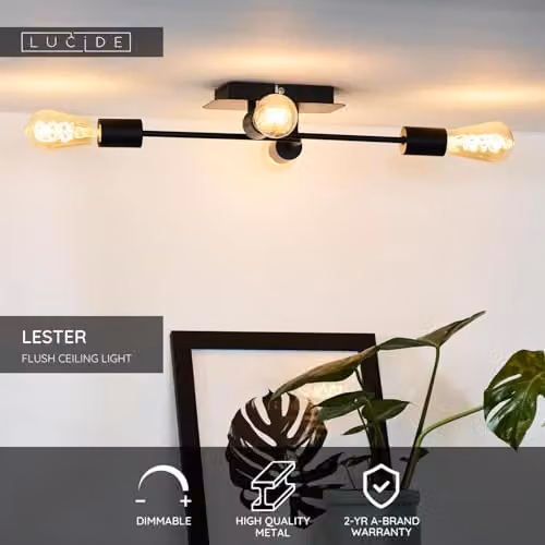 Lucide Lester Dimmable Black Metal Flush Ceiling Light with 4 x E27 Sockets, W/D/H: 39 x 39 x 9 cm – 2