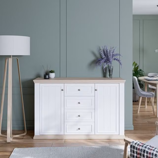 Furniture To Go Pontypool 4 Drawer and 2 Door Sideboard in White and Riva Oak