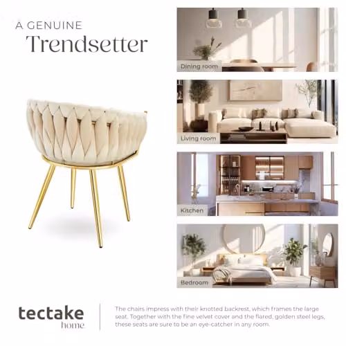 tectake Set of 6 Astano Dining Chairs in Sand and Gold Velvet Fabric with Metal Legs – 4