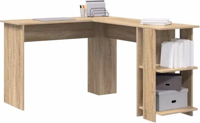 Berkfield Home Modern Corner Desk with Storage in Sonoma Oak and Light Brown, W/D/H: 140 x 113.5 x 75 cm