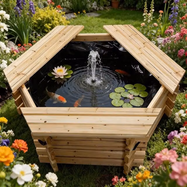 Gr8 Garden Square Wooden Garden Pond with Liner in Brown, W/D/H: 120 x 120 x 45 cm