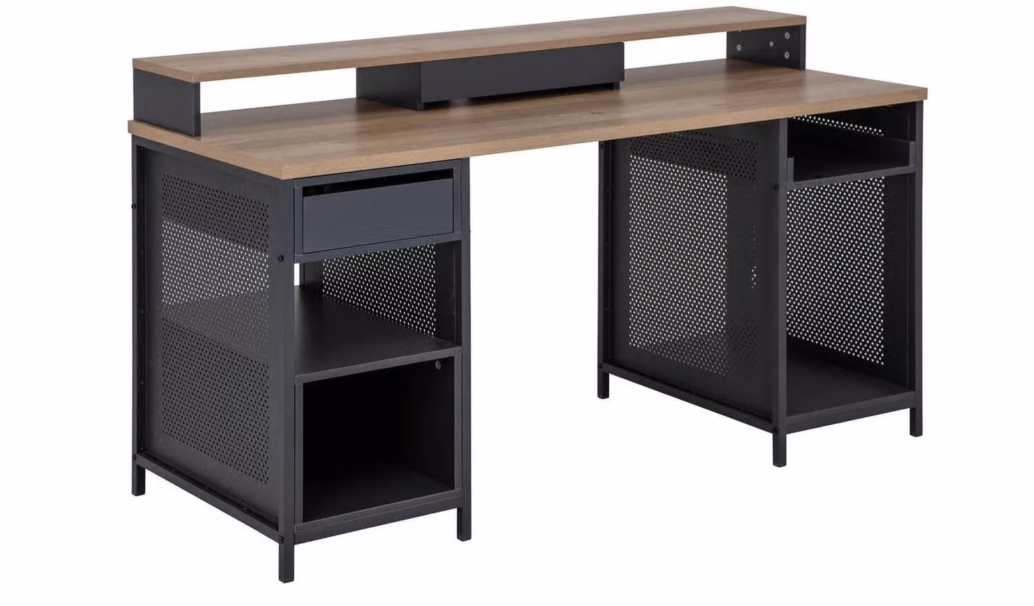 Modular 1 Drawer Gaming Desk in Oak Effect and Black with Single Pedestal, W/D/H: 150 x 60 x 76 cm