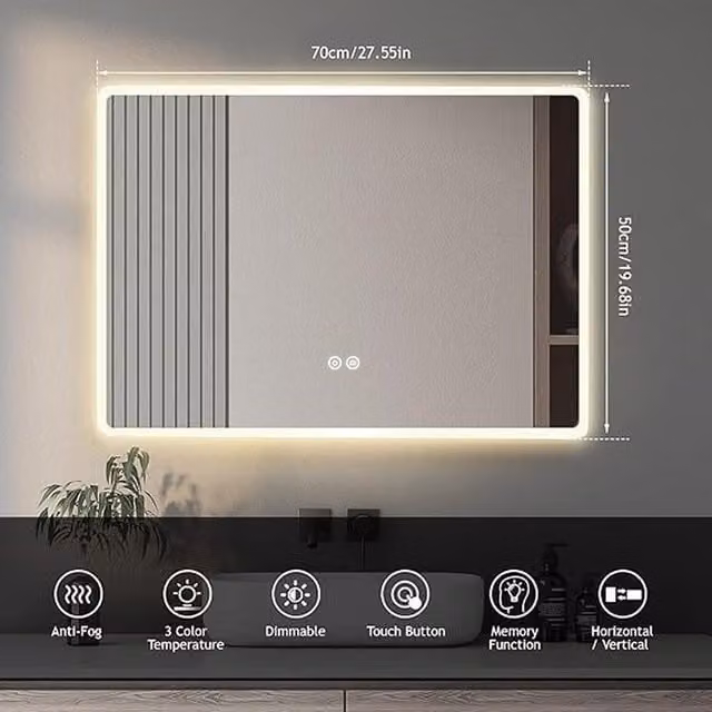 DEENZ Rectangular LED Bluetooth Speaker Mirror with Touch Dimmer, Silver