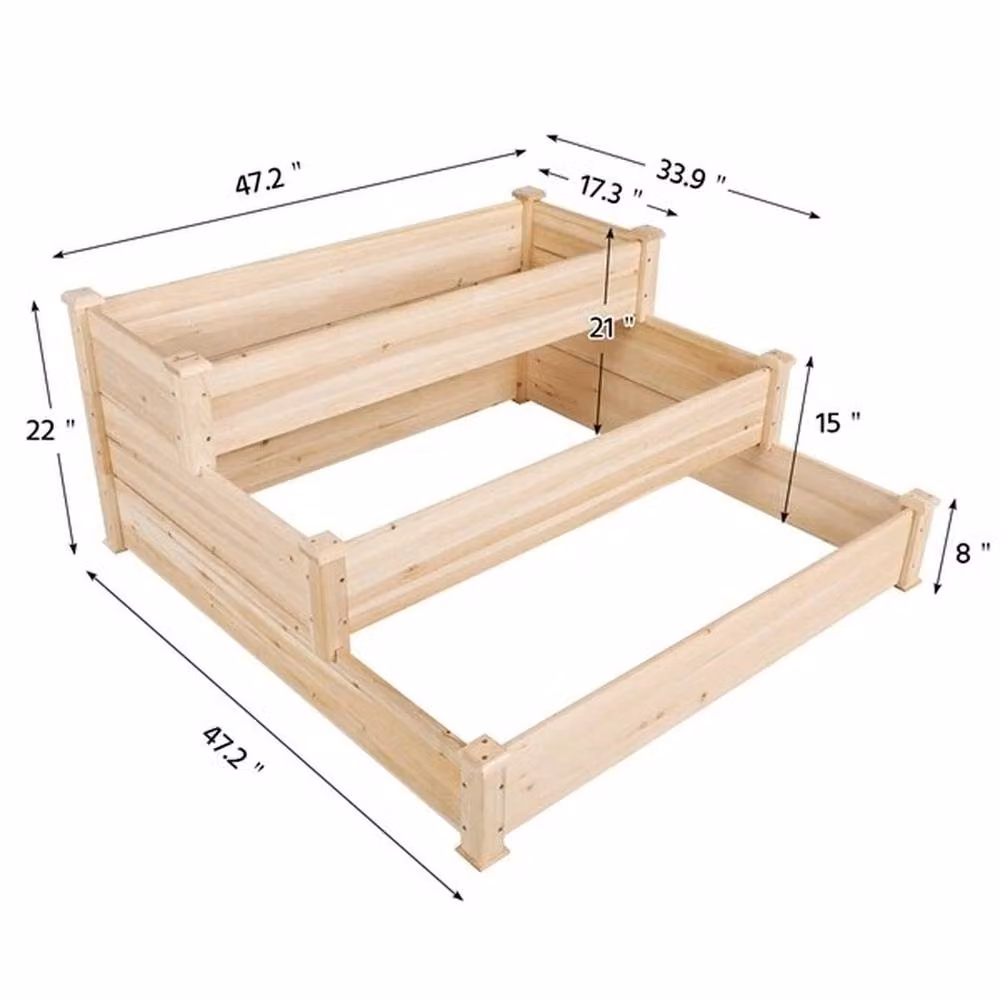 EONLION 3 Tier Wooden Elevated Raised Garden Bed Planter Box in Brown and Beige, W/D/H: 120 x 43.94 x 55.88 cm – 2