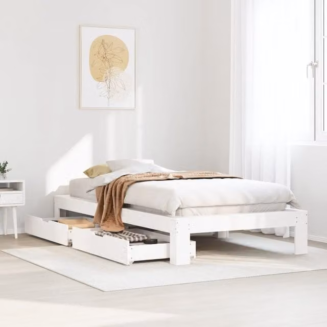 Berkfield Home White Solid Wood Pine Bed Frame W/D/H: 90 x 200 cm