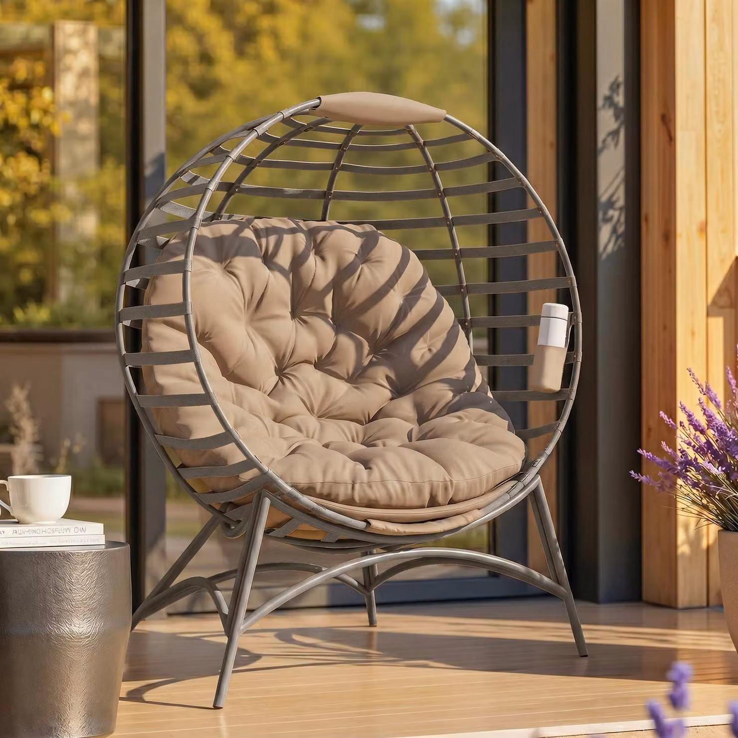 Outsunny 2 Seater Egg Chair with Soft Cushions and Side Pocket in Brown – 1