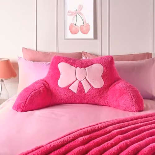 OHS Pink Teddy Fleece Reading Pillow with Embroidered Bow and Back Support for Adults W/D/H: 65 x 40 x 40 cm