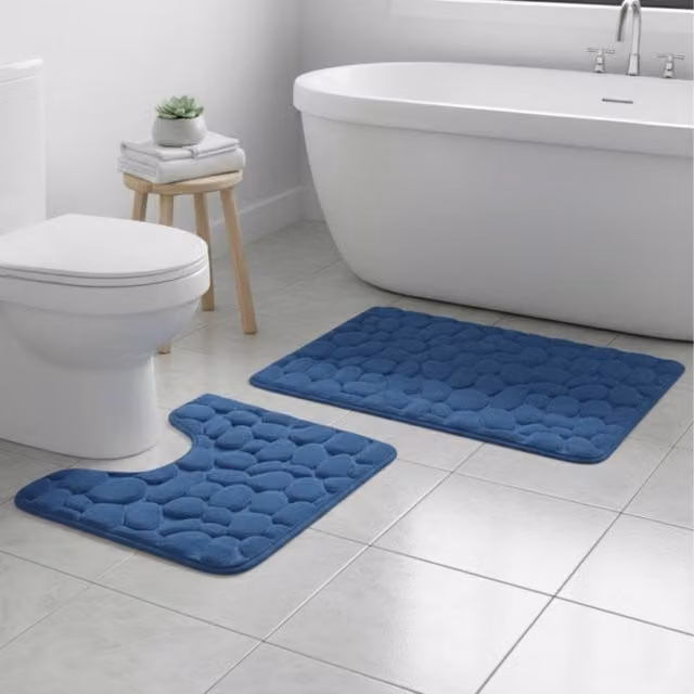 Snug City Pebble Design Memory Foam Bath Mat Set in Blue, W: 50 cm x L: 80 cm