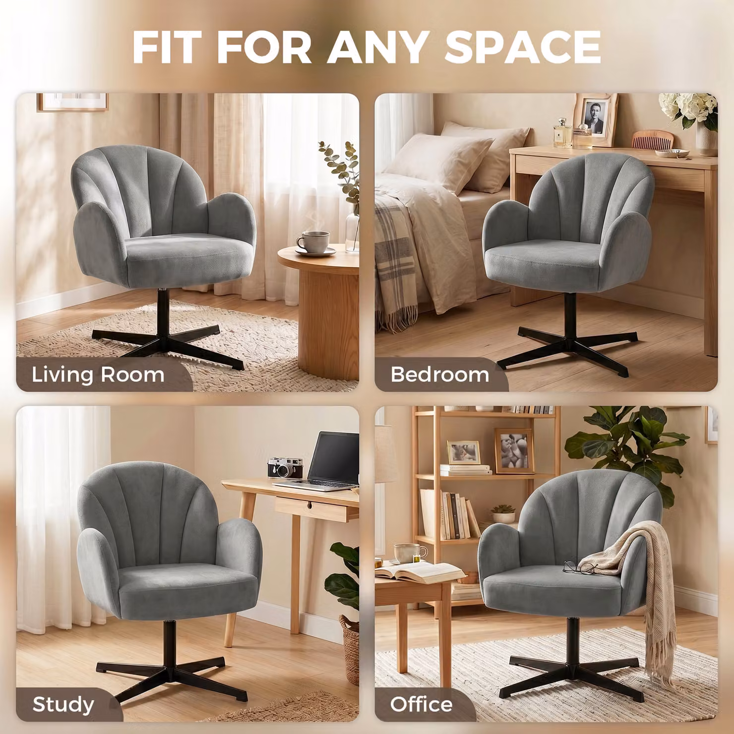 HOMCOM Grey Velvet Shell-Shaped Swivel Accent Chair with Armrests and Metal Base – 6