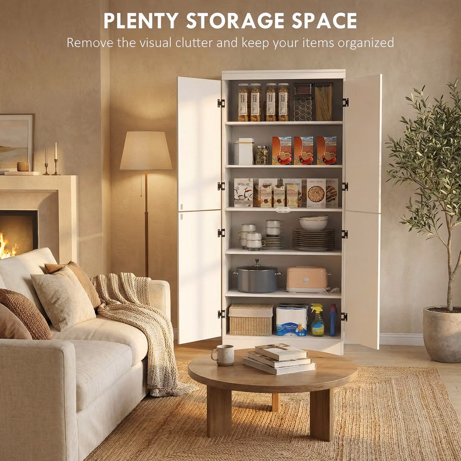 HOMCOM White 4-Door Tall Freestanding Kitchen Cupboard with 6-Tier Storage and 2 Adjustable Shelves – 2