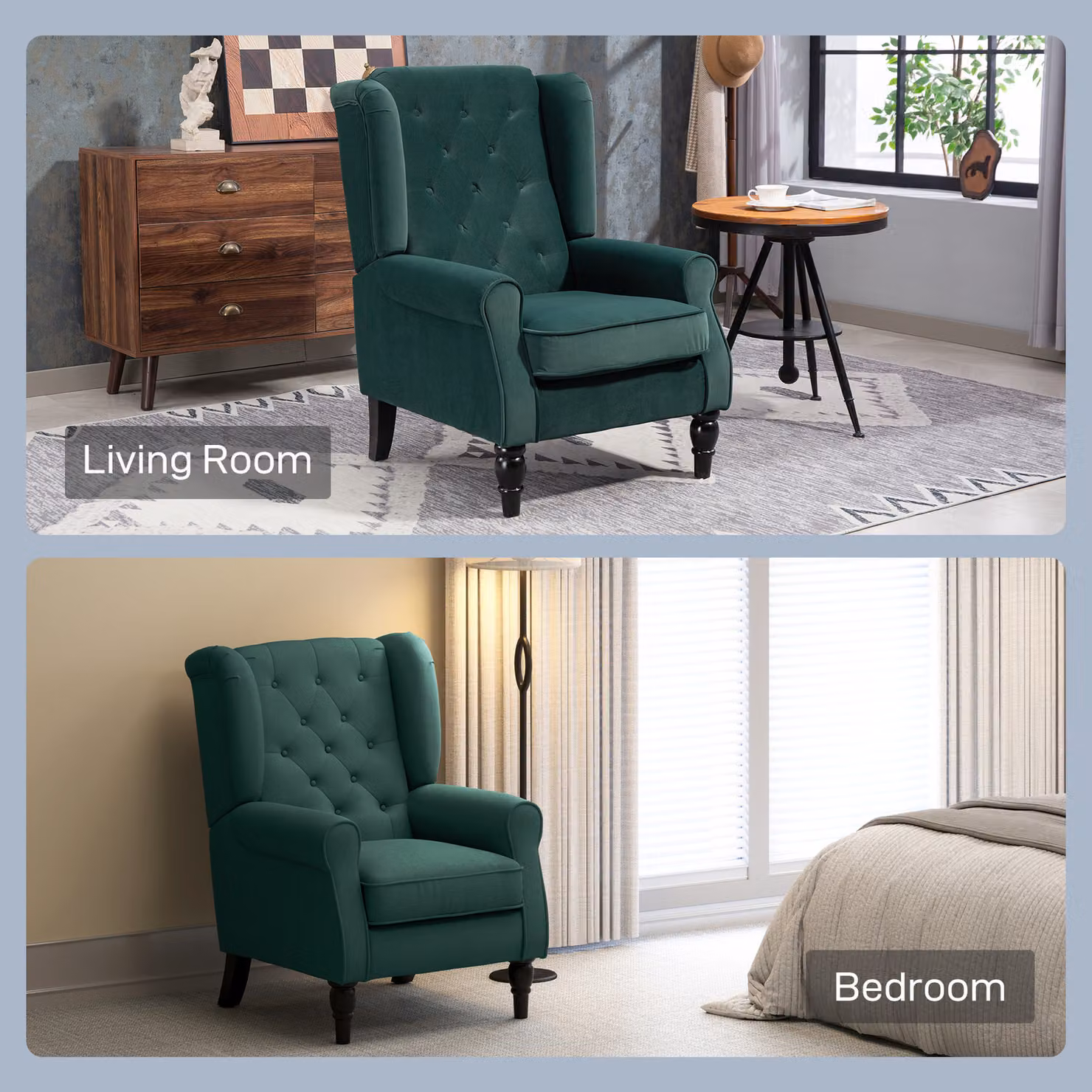 HOMCOM Retro Green Velvet Wingback Accent Chair with Button Tufting and Solid Wood Frame – 7