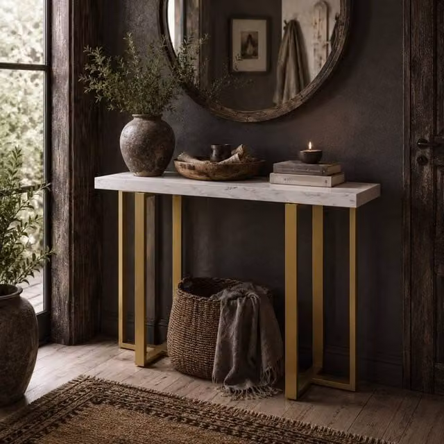 Wyld Haus Larose Narrow Console Table in White and Gold, W: 100 cm, D: 30 cm, H: 78.5 cm