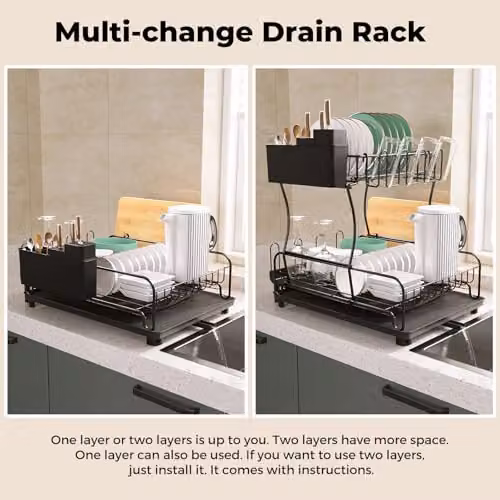 Toque 2-Tier Expandable Dish Drainer Rack in Black with Cutlery Holder and Drip Tray – 7