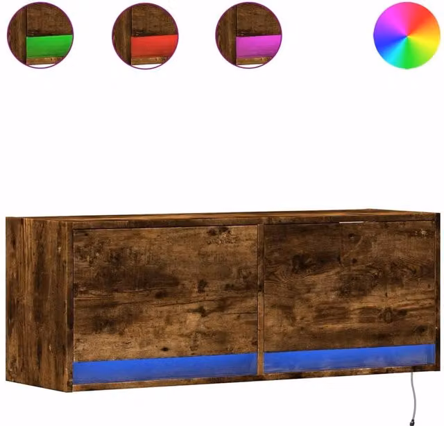 Berkfield Home TV Wall Cabinet with LED Lights in Smoked Oak Brown, W/D/H: 100 x 31 x 35 cm – 1