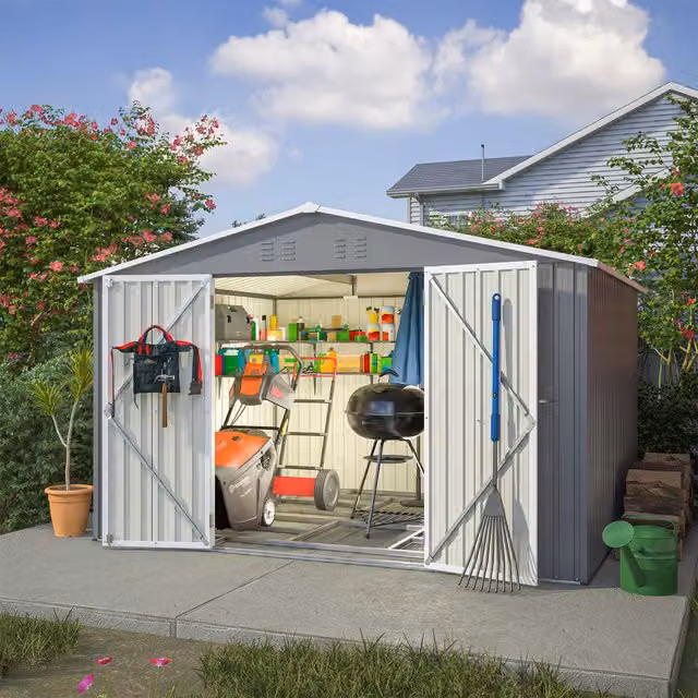 BIRCHTREE Metal Garden Shed in Grey and White with Double Doors and Gable Roof