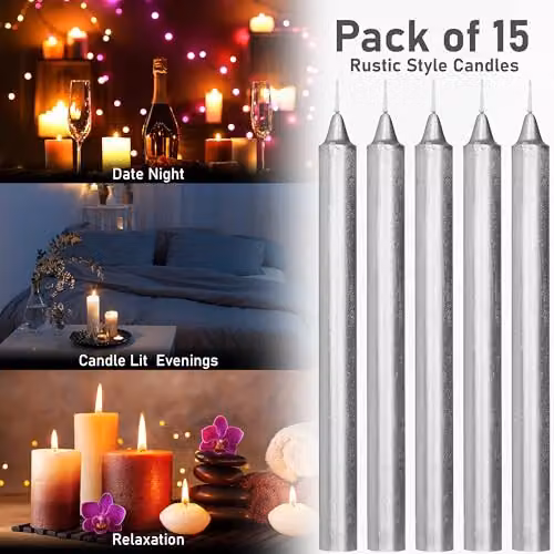 Deco Express Set of 15 Unscented Dripless Tapered Candles in Silver – 6