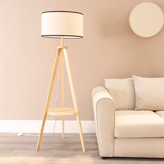 ValueLights Morrigan Natural Wood Tripod Floor Lamp with Black Trim Fabric Drum Shade and LED Bulb