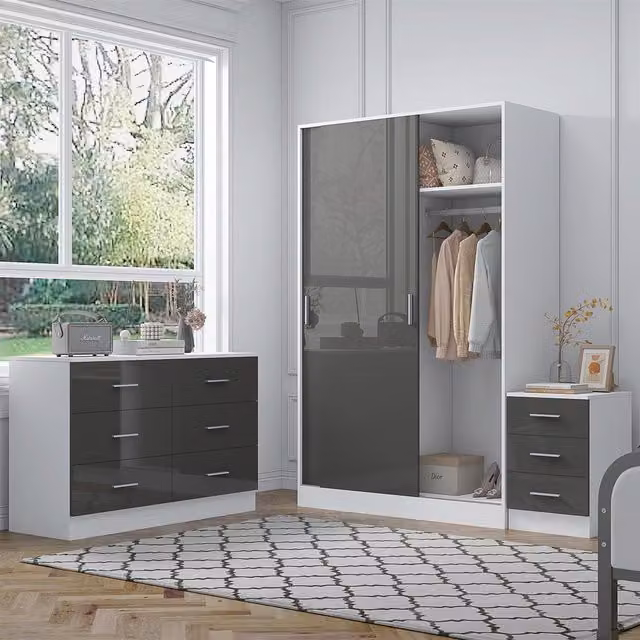 REFLECT Bedroom Furniture Bundle with Sliding Wardrobe, Wide Chest and Bedside Table in Grey Gloss and Matt White