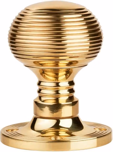 Loops Pair of Textured Rimmed Beehive Mortice Door Knobs in Polished Brass, 52mm Diameter – 1