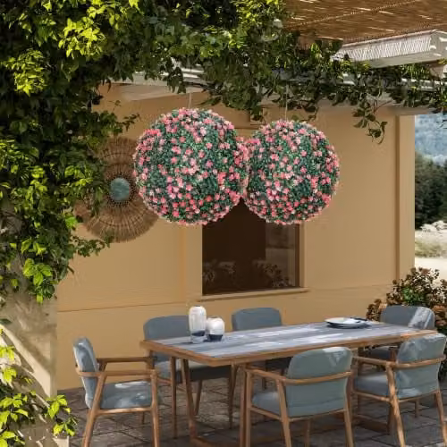 HOMCOM Set of 2 Pink Artificial Camellia Flower Topiary Balls, Diameter: 40 cm – 6