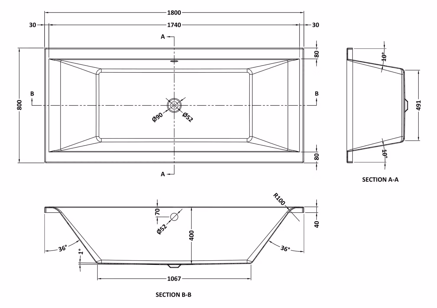 Balterley Modern Rectangular Double Ended Straight Shower Bath, White, W: 180 cm, D: 80 cm – 2