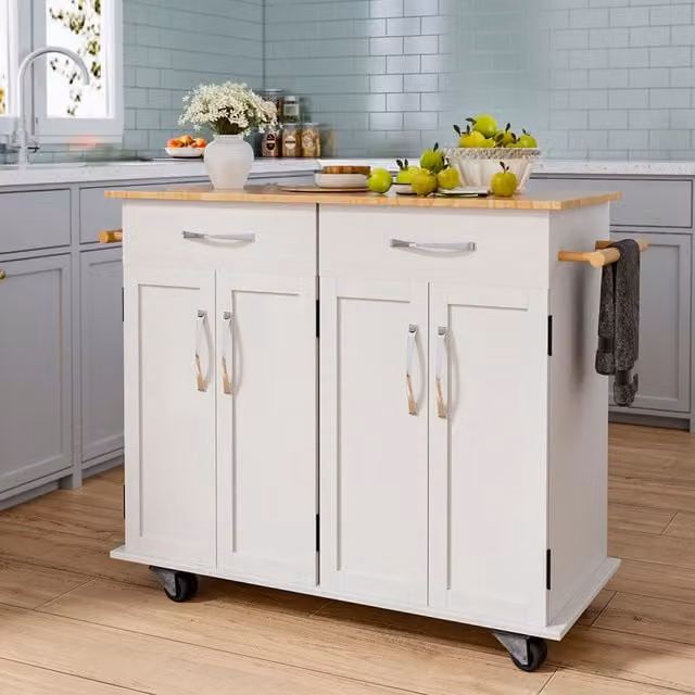 Livingandhome Scandinavian White Pine and Rubberwood Kitchen Catering Trolley with Cabinets