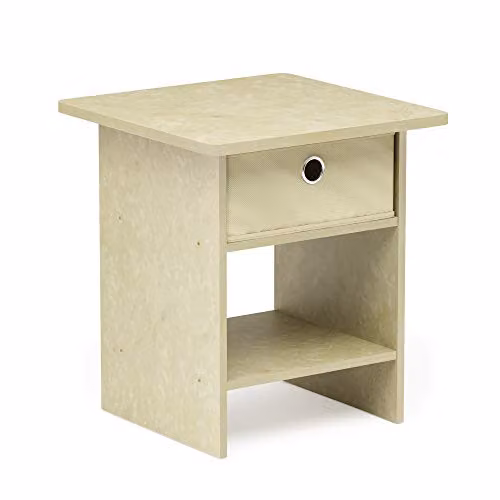 Furinno Dario End Table and Night Stand with Bin Drawer, Cream Faux Marble and Ivory