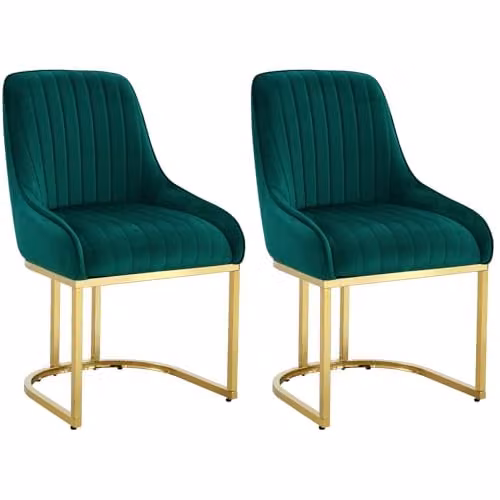 Hygrad Set of 2 Modern Velvet Armless Dining Chairs with Gold Metal Legs in Green
