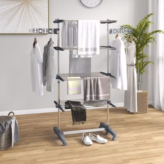 HOMCOM Large Stainless Steel Clothes Drying Rack with Wing Arms and Wheels, Grey – 1