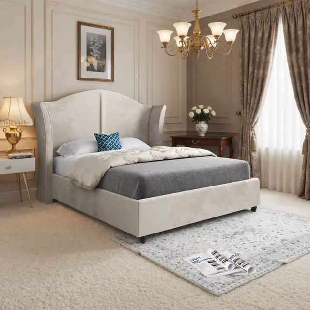 KDMD Yorkley Curved Winged Upholstered Designer Bed Frame in Beige Soft Velvet, Size: King (W/D/H: 180 x 200 cm)