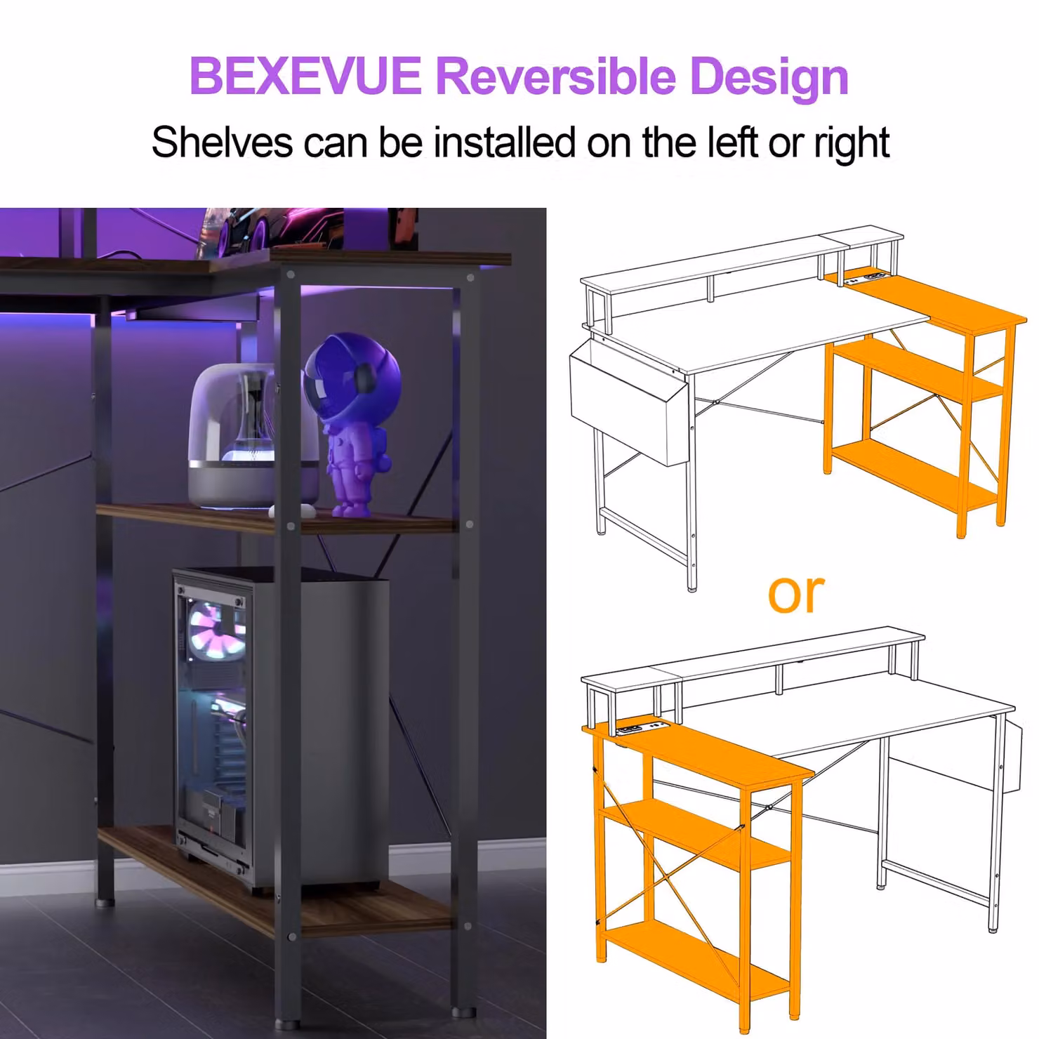 BEXEVUE L-Shaped Computer Gaming Desk with Power Outlets and Shelves in Brown, W/D/H: 120 x 70 x 75 cm – 4
