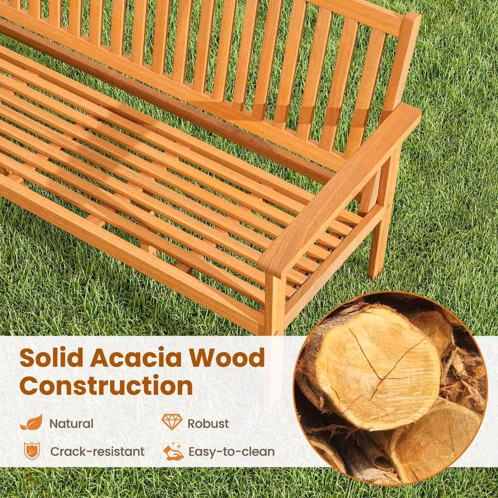 Costway 3-Seat Outdoor Acacia Wood Garden Bench with Removable Weather-Resistant Cushions in Brown – 3