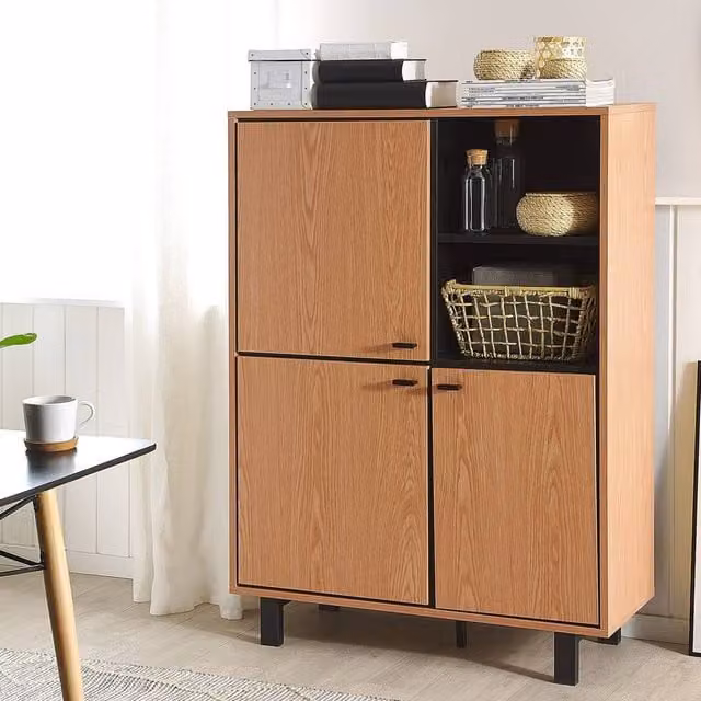 Wyld and Coco Oak-Finish Sideboard with 3 Cabinets and 2 Open Shelves in Brown and Black – 1