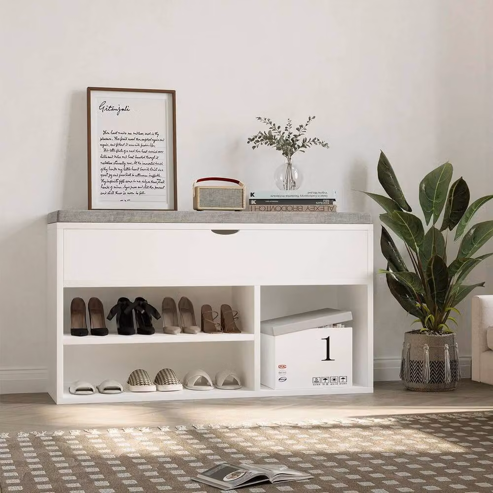 VOGREX 2 Tier White Fabric Shoe Storage Bench with Flip-Open Design – 4