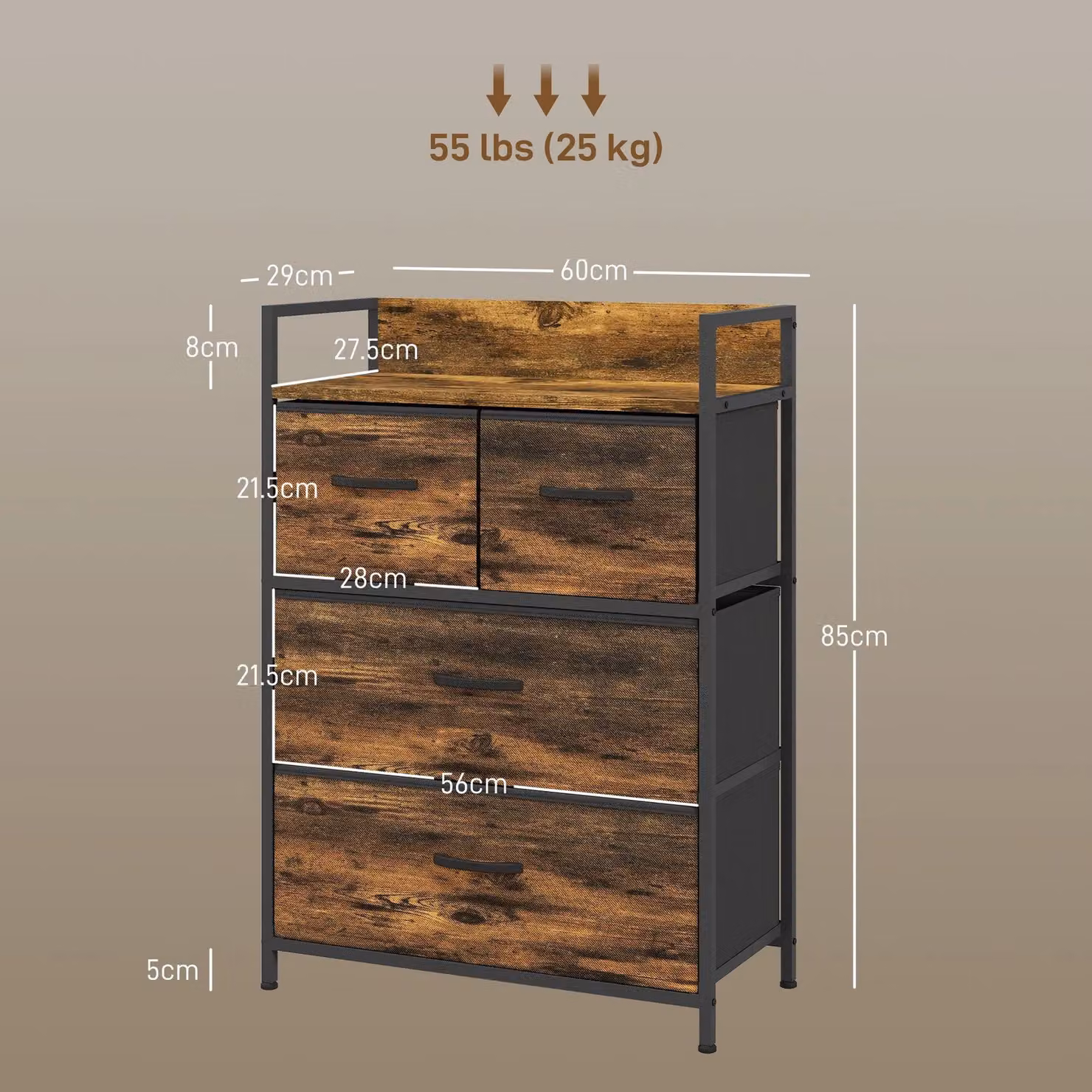 HOMCOM Bedroom Chest of Drawers with Foldable Drawers, Open Shelves and Steel Frame, Brown – 3